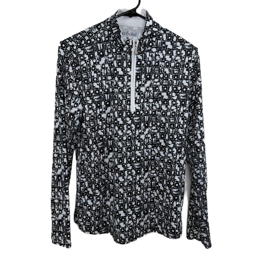 SanSoleil Top Womens Medium Black White UV 50 Cooling Quarter Zip Mock Neck